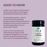 L-Arginin und L-Citrullin fördern als Aminosäuren die Gefäßerweiterung durch Stickstoffmonoxid, beliebt im Sport und bei Durchblutungsproblemen; 2:1-Formel für schnelle und langanhaltende Wirkung, ohne künstliche Zusätze.