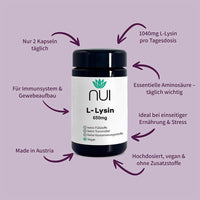 NUI L-Lysin: Hochdosiert mit 1040 mg L-Lysin pro Tagesdosis, unterstützt Immunsystem und Gewebeaufbau, ideal bei Stress oder veganer Ernährung, nur 2 vegane Kapseln täglich, ohne Zusatzstoffe, Made in Austria.