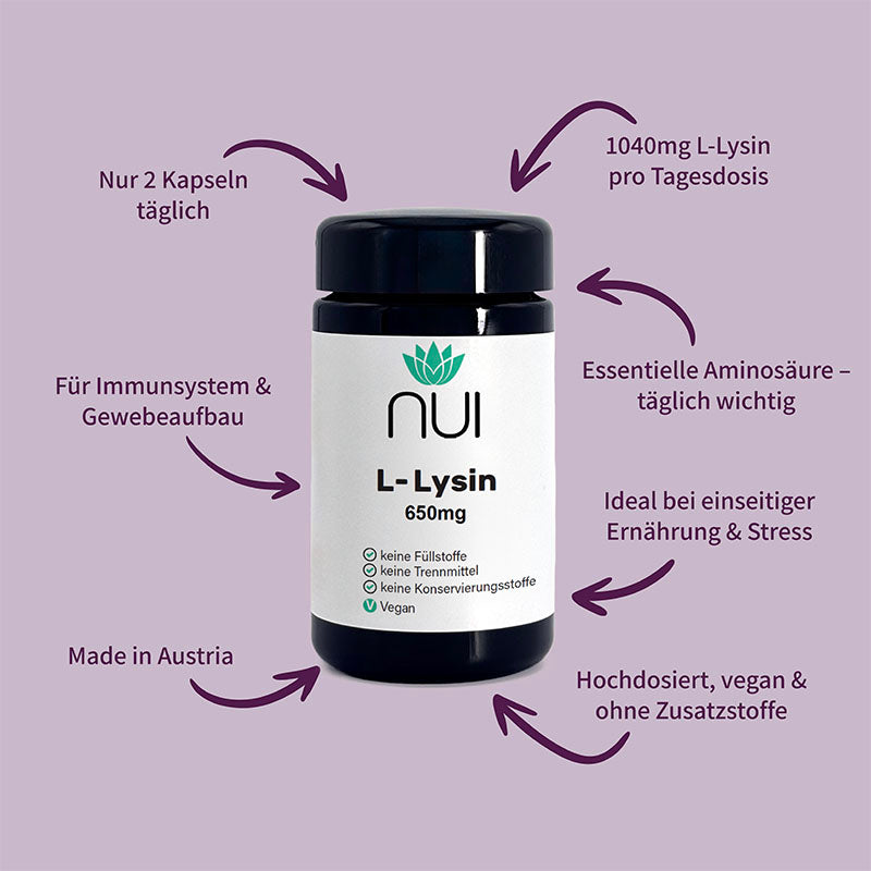 NUI L-Lysin: Hochdosiert mit 1040 mg L-Lysin pro Tagesdosis, unterstützt Immunsystem und Gewebeaufbau, ideal bei Stress oder veganer Ernährung, nur 2 vegane Kapseln täglich, ohne Zusatzstoffe, Made in Austria.