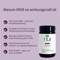 NUI MSM Kapseln: 100 % reines MSM als natürliche Schwefelverbindung, unterstützt den Stoffwechsel, beliebt bei hoher Belastung oder im Alter, kombinierbar mit Vitamin C, vegan und ohne Zusätze.