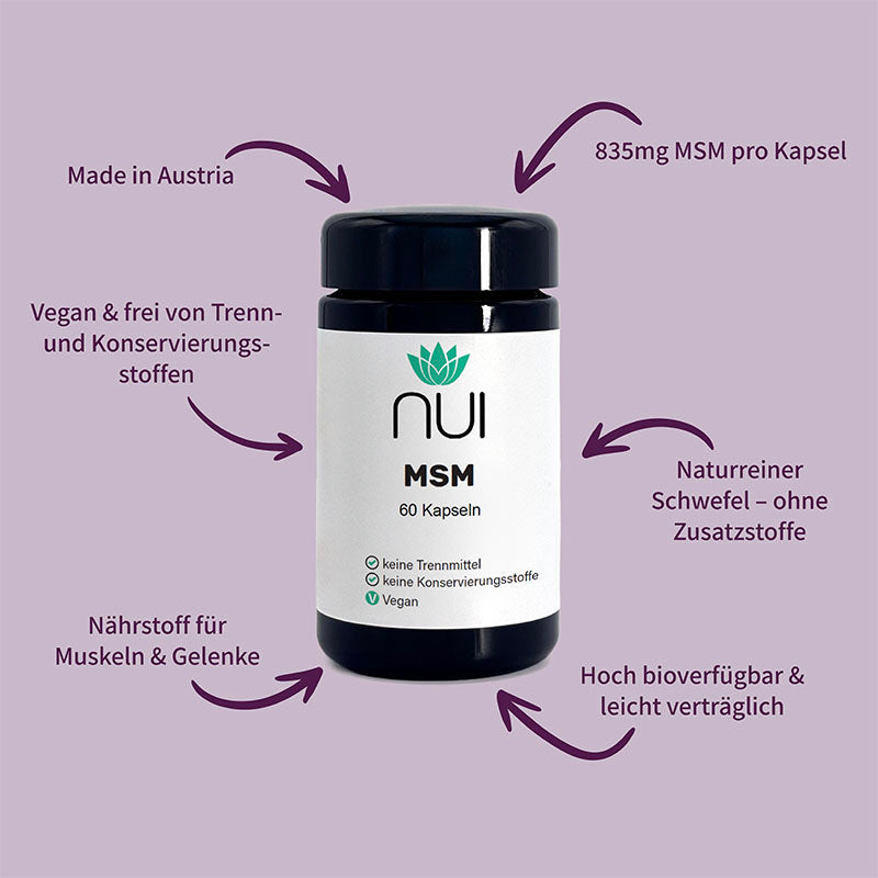 NUI MSM Kapseln vegan, ohne Zusatzstoffe, aus Österreich, bioverfügbar und gut verträglich – zur Unterstützung von Muskeln und Gelenken.