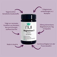 NUI Magnesium 7: Enthält 7 Magnesiumverbindungen, liefert 500 mg Magnesium täglich, vegan, ohne Zusatzstoffe, gut bioverfügbar, Made in Austria.