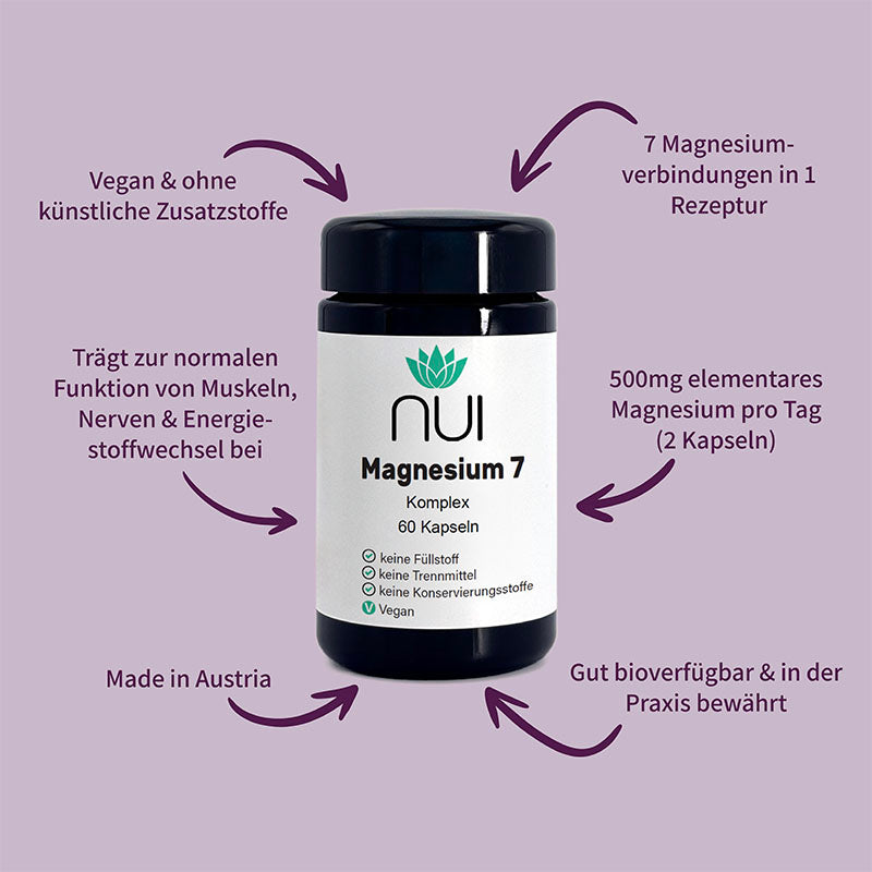NUI Magnesium 7: Enthält 7 Magnesiumverbindungen, liefert 500 mg Magnesium täglich, vegan, ohne Zusatzstoffe, gut bioverfügbar, Made in Austria.
