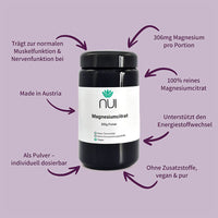 NUI Magnesiumcitrat Pulver unterstützt Nerven, Muskeln und Energiestoffwechsel, individuell dosierbar, vegan, ohne Zusatzstoffe, Made in Austria.