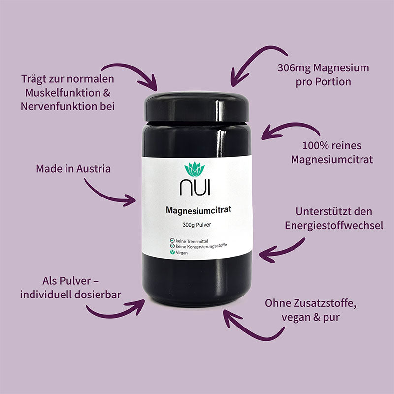 NUI Magnesiumcitrat Pulver unterstützt Nerven, Muskeln und Energiestoffwechsel, individuell dosierbar, vegan, ohne Zusatzstoffe, Made in Austria.