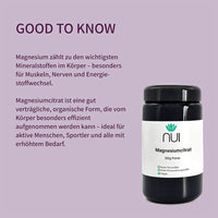 Magnesiumcitrat ist eine gut verträgliche, organische Form von Magnesium – ideal für Muskeln, Nerven, Energiestoffwechsel und bei erhöhtem Bedarf.