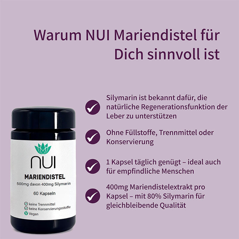 NUI Mariendistel: 500 mg davon 400 mg Silymarin pro Kapsel, ohne Zusatzstoffe, 1 Kapsel täglich ausreichend.