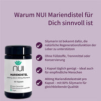 NUI Mariendistel: 500 mg davon 400 mg Silymarin pro Kapsel, ohne Zusatzstoffe, 1 Kapsel täglich ausreichend.