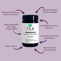 NUI Mariendistel Kapseln mit 400 mg Mariendistelextrakt (80 % Silymarin), unterstützt normale Leberfunktion, vegan, ohne Zusatzstoffe, 1 Kapsel täglich, Made in Austria.
