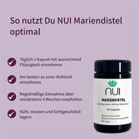 Einnahmeempfehlung für NUI Mariendistel: Täglich 1 Kapsel mit Flüssigkeit zu einer Mahlzeit einnehmen, mindestens 4 Wochen lang; kühl, trocken und lichtgeschützt lagern.