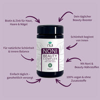 NUI NONI Beauty Complex – veganes Nahrungsergänzungsmittel mit Noni, Biotin und Zink zur Unterstützung von Haut, Haaren und Nägeln, täglich anwendbar, ohne Zusatzstoffe.