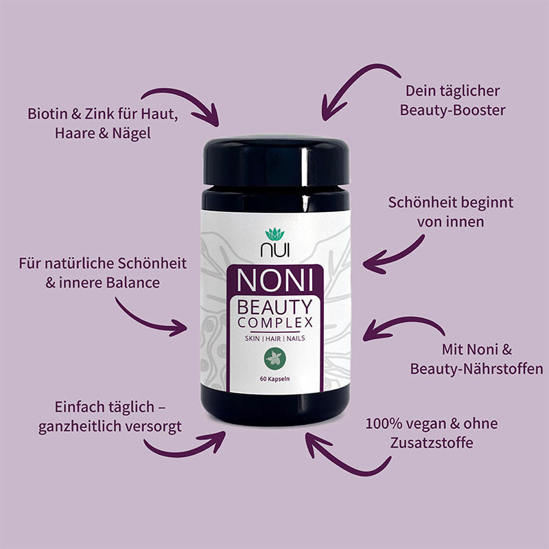 NUI NONI Beauty Complex – veganes Nahrungsergänzungsmittel mit Noni, Biotin und Zink zur Unterstützung von Haut, Haaren und Nägeln, täglich anwendbar, ohne Zusatzstoffe.