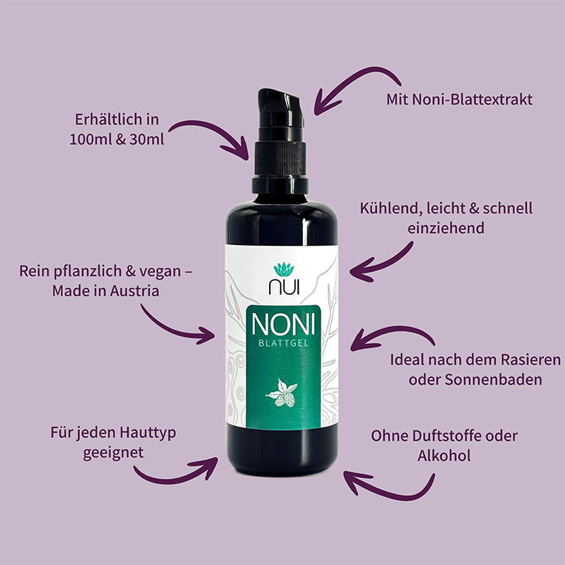 NUI NONI Blattgel, kühlend, schnell einziehend, ohne Duftstoffe, vegan, 100 ml & 30 ml, Made in Austria.