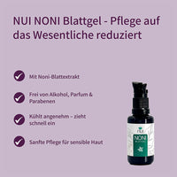Noni-Blattgel: Mit Noni-Blatt-Extrakt, alkoholfrei, schnell einziehend, sanfte Pflege für sensible Haut.