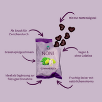NUI NONI Gummiherzen mit Granatapfelgeschmack – vegan, ohne Gelatine, mit NUI NONI Original. Ideal als Snack für zwischendurch. Fruchtig-lecker mit natürlichem Aroma.