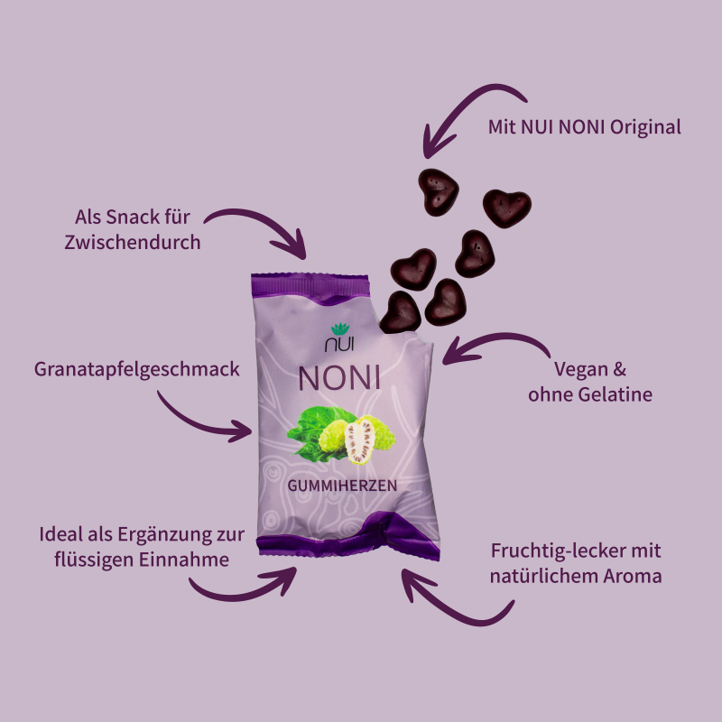 NUI NONI Gummiherzen mit Granatapfelgeschmack – vegan, ohne Gelatine, mit NUI NONI Original. Ideal als Snack für zwischendurch. Fruchtig-lecker mit natürlichem Aroma.