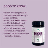 Vitamin-D-Versorgung ist oft schwer im Alltag. NUI Immunbooster kombiniert D3, K2, C, Zink & Noni für einfache, wöchentliche Anwendung. 