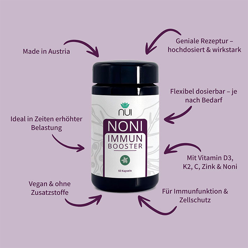 NUI NONI Immunbooster: Hochdosiert mit D3, K2, C, Zink & Noni. Vegan, flexibel dosierbar, für Immunfunktion & Zellschutz. Made in Austria.