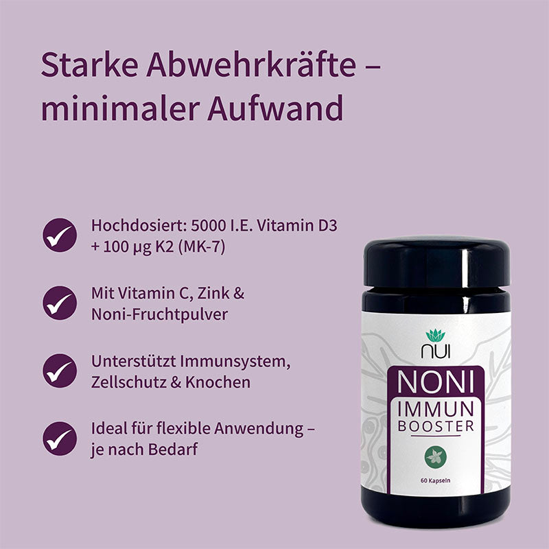 NUI NONI Immunbooster: Hochdosiert mit D3, K2, C, Zink & Noni. Unterstützt Immunsystem, Zellschutz und Knochen. Flexibel anwendbar je nach Bedarf.