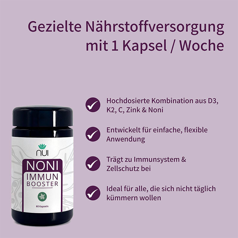 NUI NONI Immunbooster: Hochdosiert mit D3, K2, C, Zink & Noni. 1 Kapsel/Woche, einfache Anwendung. Unterstützt Immunsystem & Zellschutz.