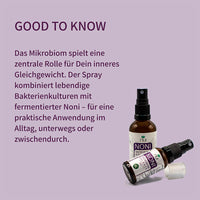 NUI NONI Microbiom Balance Spray unterstützt das innere Gleichgewicht mit lebenden Bakterien und fermentiertem Noni – praktisch für unterwegs und zwischendurch.
