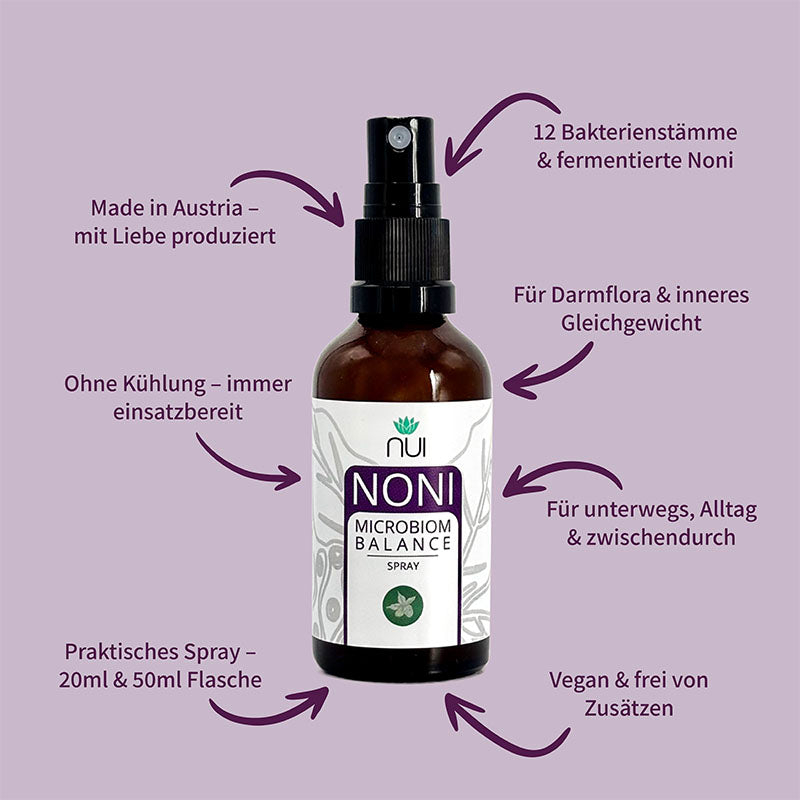 NUI NONI Microbiom Balance Spray: 12 Bakterienstämme und fermentierte Noni. Für Darmflora und Gleichgewicht. Made in Austria. Vegan, ohne Zusätze. Praktisch in 20 ml & 50 ml. Ideal für unterwegs.
