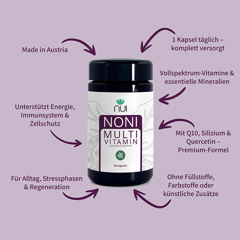 NUI NONI Multivitamin: 1 Kapsel täglich, komplett versorgt. Stärkt Energie, Immunsystem und Zellschutz. Ohne Zusatzstoffe.