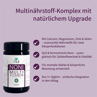 NUI NONI Multivitamin mit Calcium, Magnesium, Zink & Selen. Unterstützt Zellstoffwechsel, Vitalität, mentale Stärke und Belastbarkeit. 1× täglich, leicht integrierbar.