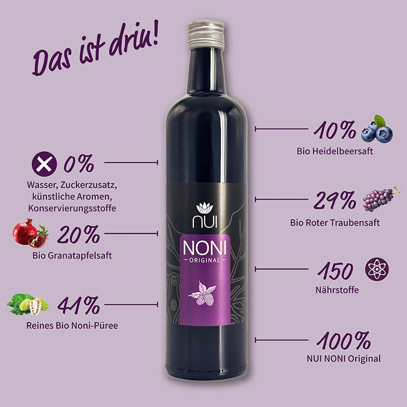 NUI NONI Original mit 41% Bio Noni, 29% Trauben-, 20% Granatapfel- und 10% Heidelbeersaft. Ohne Zusätze.