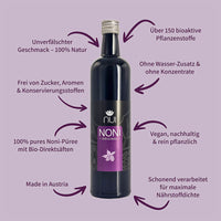 NUI NONI: reines Noni-Püree mit Bio-Direktsäften, bio, vegan, ohne Zusätze, aus Österreich.