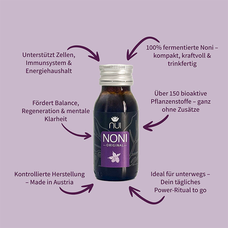 NUI NONI Shot, 100 % fermentiert, unterstützt Immunsystem, Energie und Balance, über 150 Pflanzenstoffe, ohne Zusätze, hergestellt in Österreich, perfekt für unterwegs.