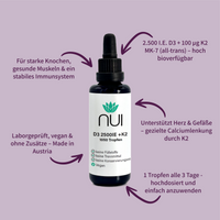 NUI Vitamin D3 + K2 Tropfen (2.500 IE D3 + 100 µg K2 MK-7), hoch bioverfügbar, vegan, ohne Zusatzstoffe. Für Knochen, Muskeln, Immunsystem, Herz & Gefäße. 1 Tropfen alle 3 Tage empfohlen.