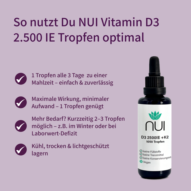 Anwendungshinweise für NUI Vitamin D3 2.500 IE + K2 Tropfen: 1 Tropfen alle 3 Tage genügt. Hochdosiert, ohne Zusatzstoffe, vegan.