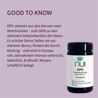 NUI OPC: Starkes Antioxidans aus roten Traubenkernen mit Vitamin C. Schützt Zellen, fördert Durchblutung, wissenschaftlich geprüft. Vegan, ohne Zusatzstoffe.