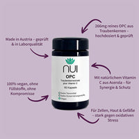 NUI OPC Traubenkernextrakt mit Vitamin C, 60 Kapseln. Hochdosiert, vegan, ohne Füllstoffe. Unterstützt Zellen, Haut und Gefäße gegen oxidativen Stress. Made in Austria.
