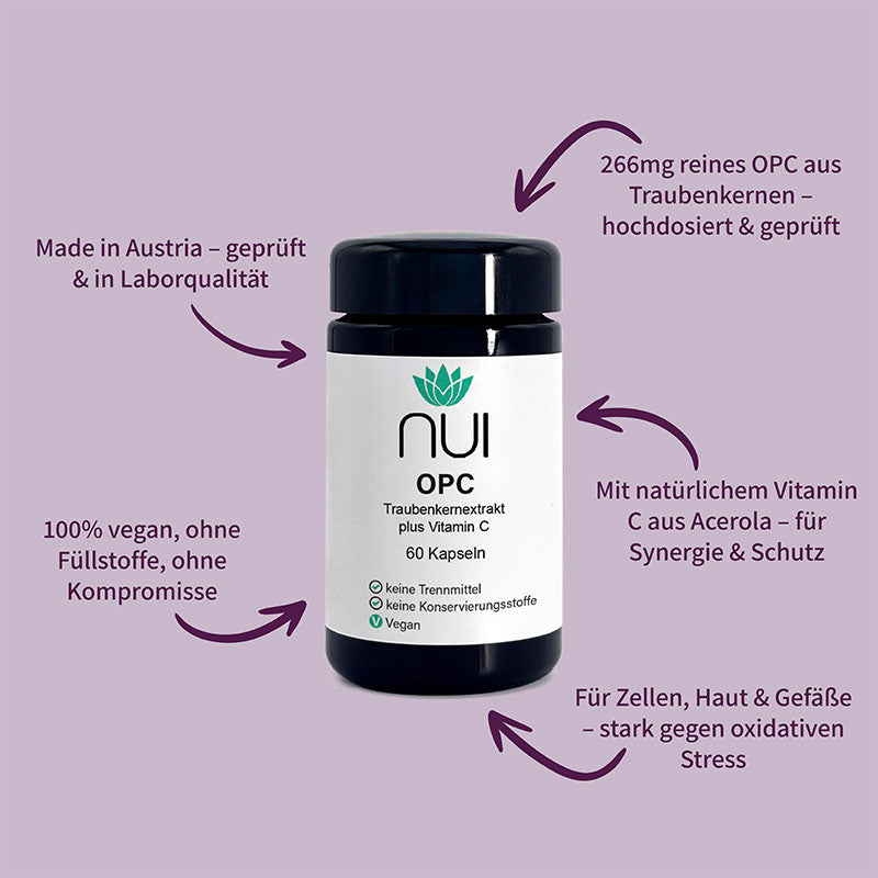 NUI OPC Traubenkernextrakt mit Vitamin C, 60 Kapseln. Hochdosiert, vegan, ohne Füllstoffe. Unterstützt Zellen, Haut und Gefäße gegen oxidativen Stress. Made in Austria.
