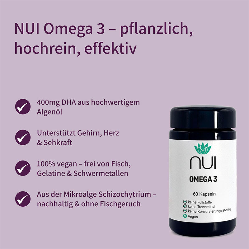 NUI Omega 3 Kapseln mit 400 mg DHA aus hochwertigem Algenöl. Unterstützt Gehirn, Herz und Sehkraft. 100 % vegan, frei von Fisch und Schwermetallen. Nachhaltig aus Mikroalge Schizochytrium.