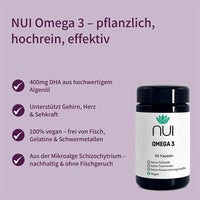 NUI Omega 3 Kapseln mit 400 mg DHA aus hochwertigem Algenöl. Unterstützt Gehirn, Herz und Sehkraft. 100 % vegan, frei von Fisch und Schwermetallen. Nachhaltig aus Mikroalge Schizochytrium.