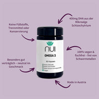 NUI Omega 3 Kapseln mit 400 mg DHA aus Mikroalge Schizochytrium. Vegan, fischfrei, ohne Füllstoffe, Trennmittel oder Konservierung. Neutral im Geschmack.