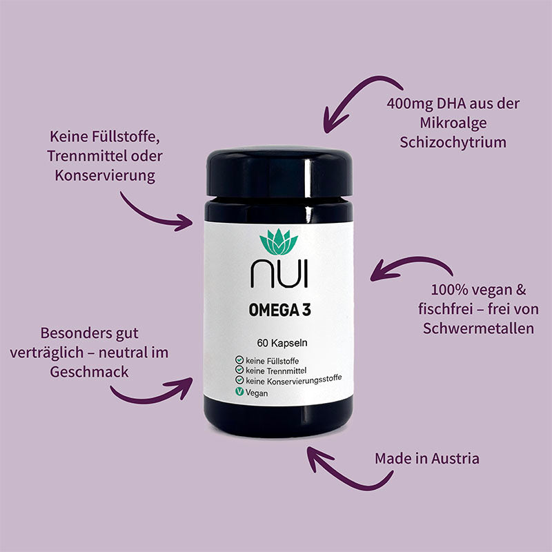 NUI Omega 3 Kapseln mit 400 mg DHA aus Mikroalge Schizochytrium. Vegan, fischfrei, ohne Füllstoffe, Trennmittel oder Konservierung. Neutral im Geschmack.