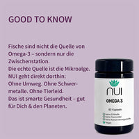NUI Omega 3 Kapseln, 60 Stück. Mikroalgen als nachhaltige Quelle von Omega-3. Frei von Schwermetallen und Tierleid. Vegan, ohne Füllstoffe und Konservierungsstoffe.