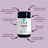 NUI Sango – enthält 1000 mg Sango-Meereskoralle pro Kapsel mit Calcium und Magnesium im 2:1-Verhältnis. Unterstützt Knochen, Muskeln, Energie und Nervenfunktion.