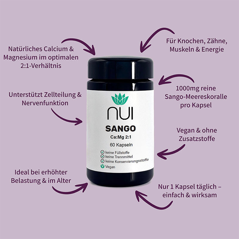 NUI Sango – enthält 1000 mg Sango-Meereskoralle pro Kapsel mit Calcium und Magnesium im 2:1-Verhältnis. Unterstützt Knochen, Muskeln, Energie und Nervenfunktion.