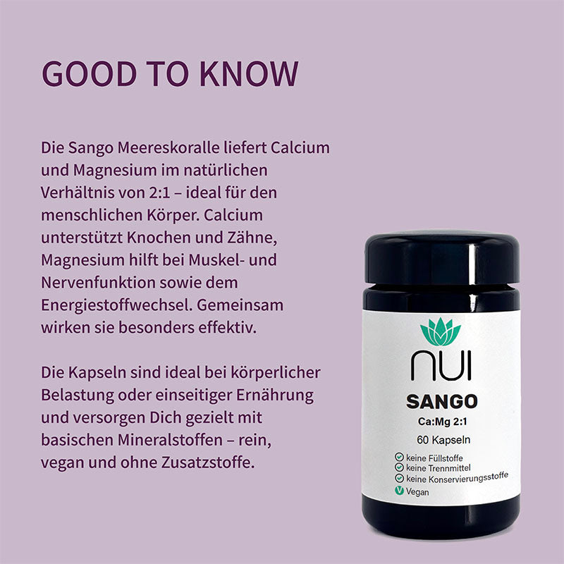 Die Sango Meereskoralle liefert Calcium & Magnesium im idealen 2:1-Verhältnis. Unterstützt Knochen, Zähne, Muskeln, Nerven & Energiestoffwechsel.