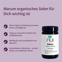 NUI Selen – unterstützt Schilddrüse, Zellschutz, Fruchtbarkeit & gesunde Haare, Nägel. Organisch, hoch bioverfügbar, vegan.