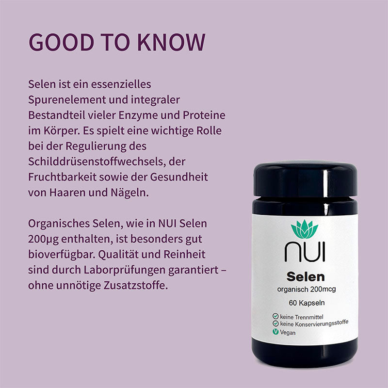 NUI Selen – organisch, hoch bioverfügbar & laborgeprüft. Unterstützt Schilddrüse, Fruchtbarkeit, Haare & Nägel – ohne Zusatzstoffe.