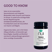 NUI Selen – organisch, hoch bioverfügbar & laborgeprüft. Unterstützt Schilddrüse, Fruchtbarkeit, Haare & Nägel – ohne Zusatzstoffe.