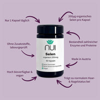 NUI Selen – 200 µg organisches Selen pro Kapsel, hoch bioverfügbar, vegan & laborgeprüft. Unterstützt Enzyme, Haare, Nägel & Zellschutz.