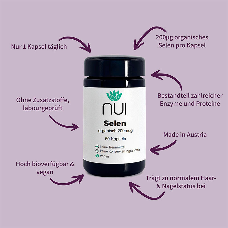 NUI Selen – 200 µg organisches Selen pro Kapsel, hoch bioverfügbar, vegan & laborgeprüft. Unterstützt Enzyme, Haare, Nägel & Zellschutz.