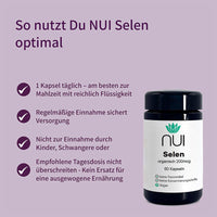 NUI Selen – 1 Kapsel täglich zur Mahlzeit, sichert die Versorgung. Kein Ersatz für ausgewogene Ernährung.